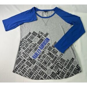 Harley-Davidson Womens Casual Top Blue Long Sleeve Scoop Neck Logo Boyfriend Med